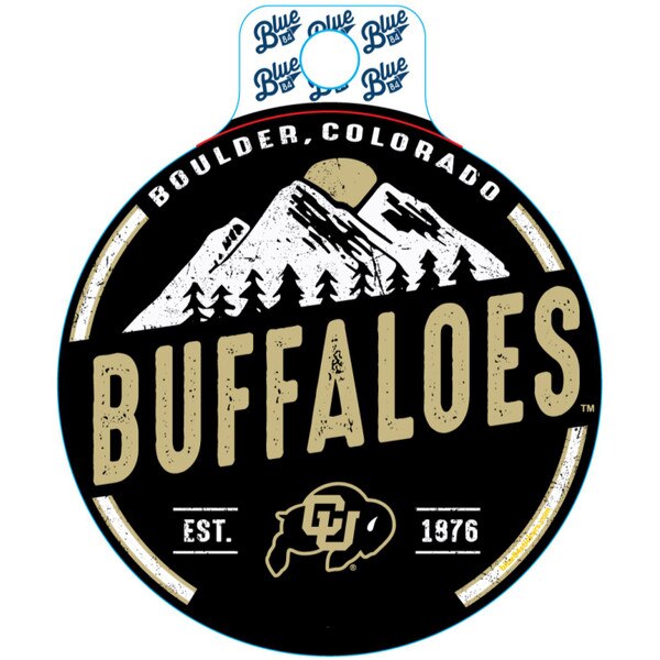 A black sticker with "Boulder, Colorado" arched in white at the top, a white and gold mountain scene, the word "Buffaloes" printed in bold, the iconic CU Buffalo logo, and "Est. 1876" at the bottom.